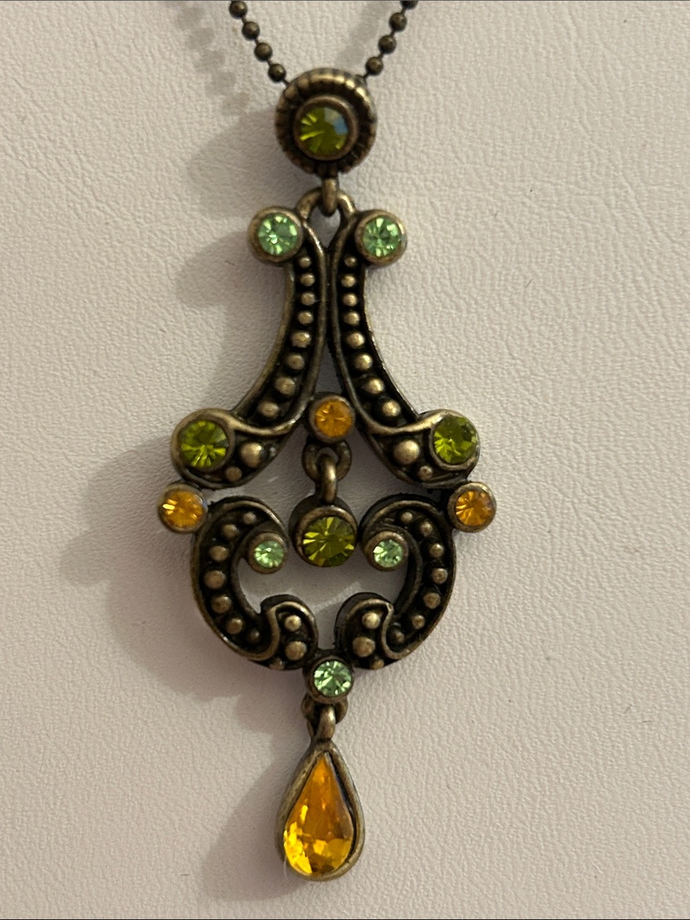 Antique-Style Green & Yellow Crystal Drop Necklace